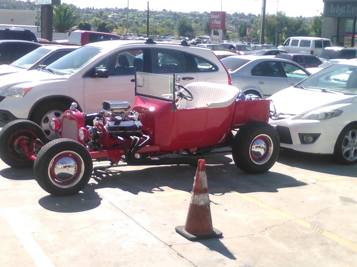 A red hot rod in the lot